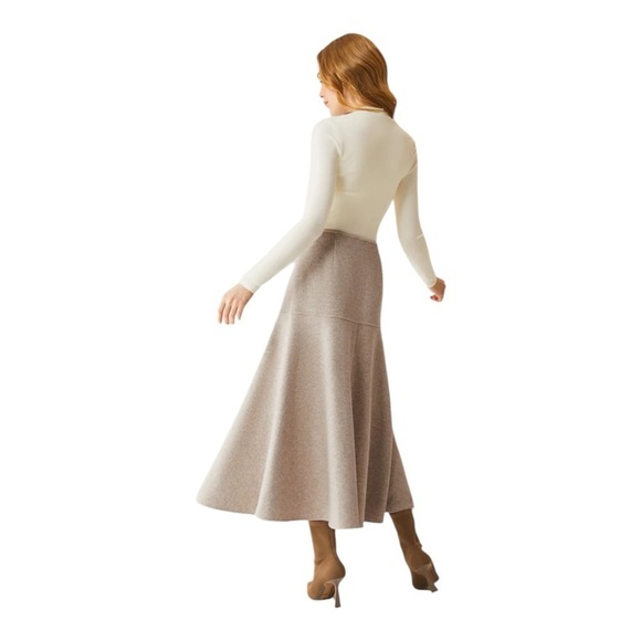 OGL Cashsoft Wool Like Flared Maxi Heather Oatmeal Beige Womens Size M - Picture 2 of 16